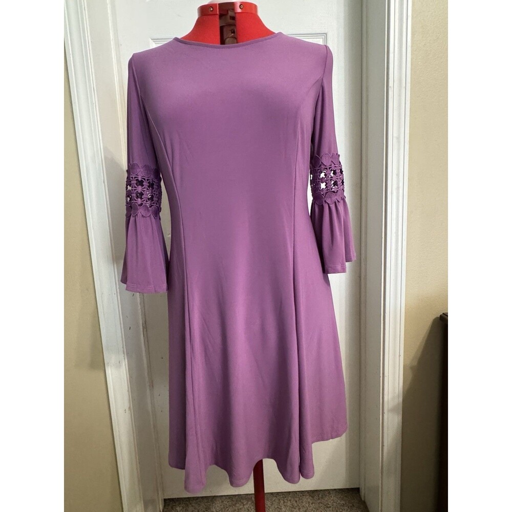 Tiana B Purple Fit Flare Dress Large Bell Sleeve Crochet Trim Made in USA